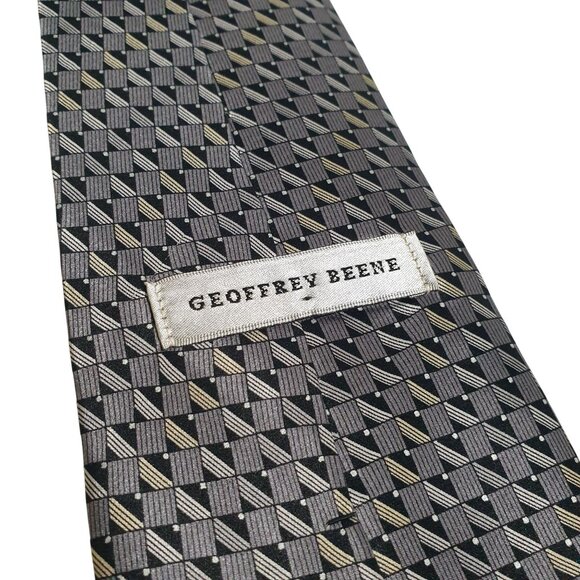Geoffrey Beene Mens Geometric Pattern Tie Wide Gray Black Silk Stylish - Picture 4 of 5